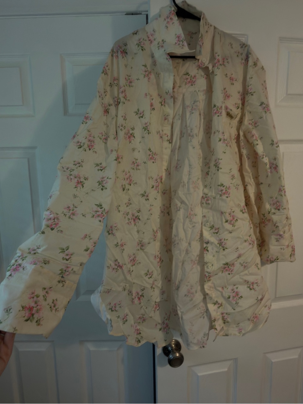 Selkie Cream Floral Button-Up Blouse with Pink Roses